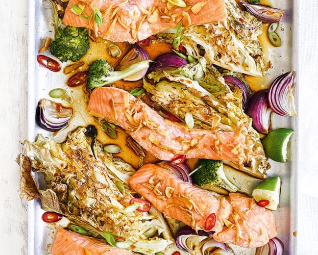Salmon traybake with soy and sesame dressing