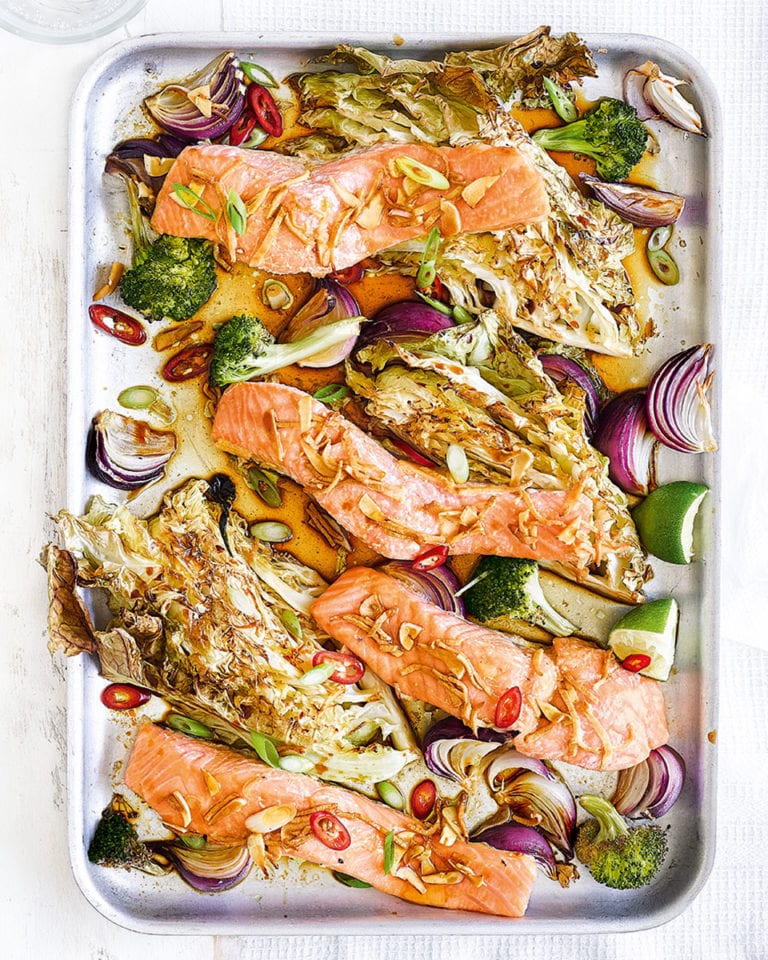 Salmon traybake with soy and sesame dressing