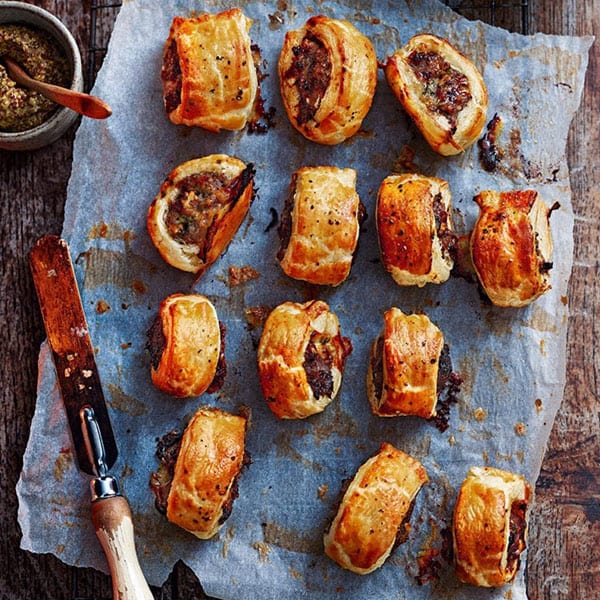 Stilton, date and walnut sausage rolls