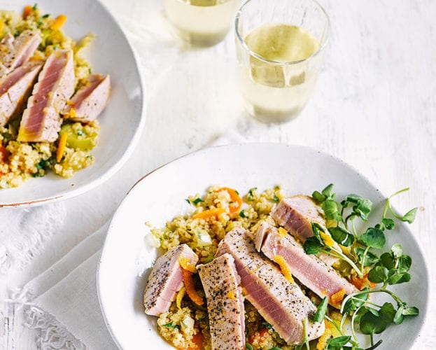 Pan-fried tuna with citrussy quinoa salad