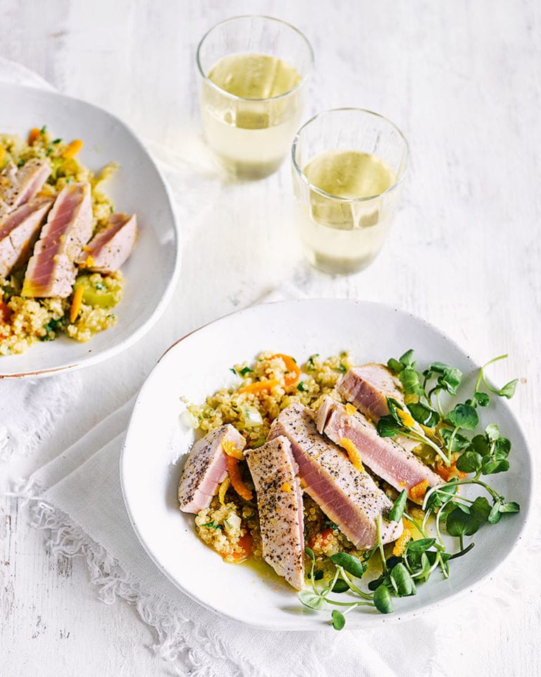 Pan-fried tuna with citrussy quinoa salad