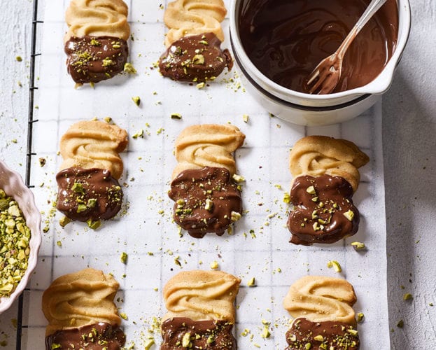 Chocolate and pistachio Viennese whirls