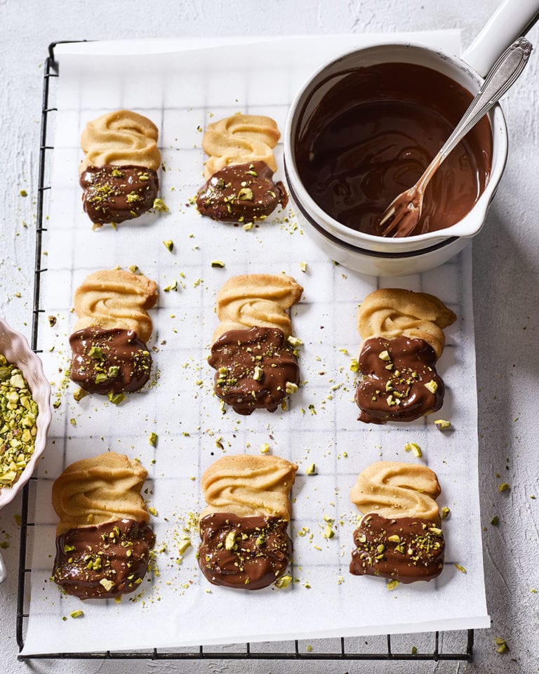 Chocolate and pistachio Viennese whirls