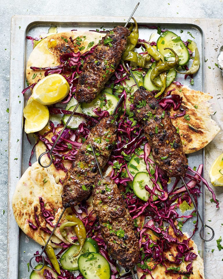 Beef and olive koftas with red cabbage and flatbreads