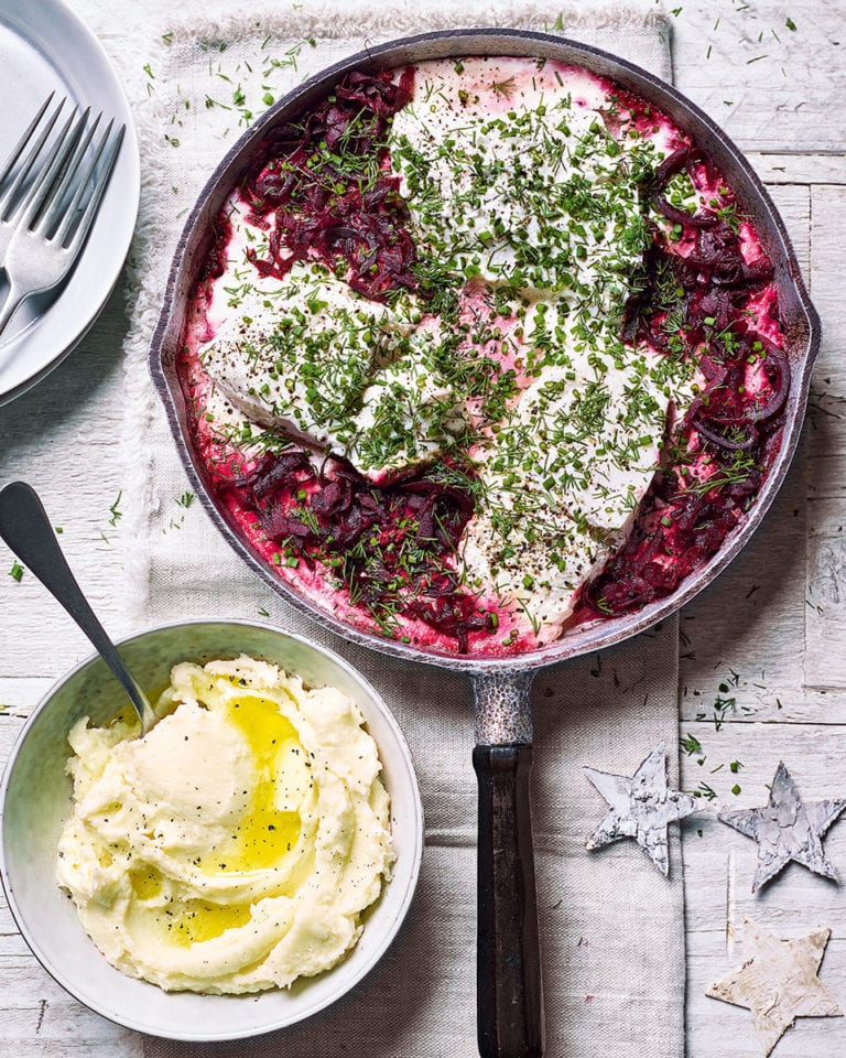 Hake with beetroot, crème fraîche and dill