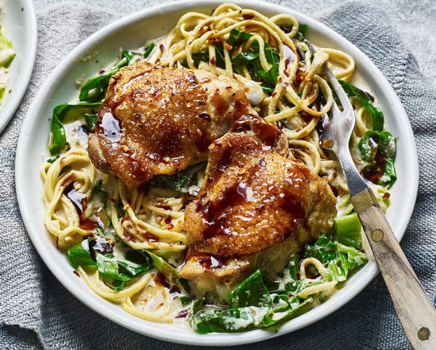 Chicken thighs with chilli tahini noodles