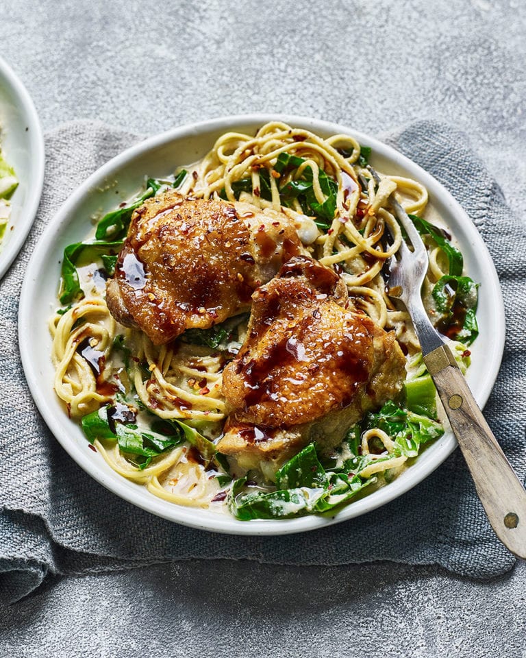 Chicken thighs with chilli tahini noodles