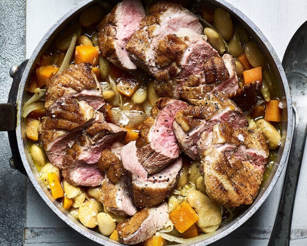 Duck breasts with butter beans and creamy apple slaw