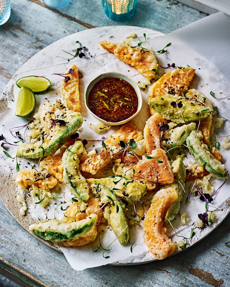 Avocado and squash tempura with ponzu dipping sauce