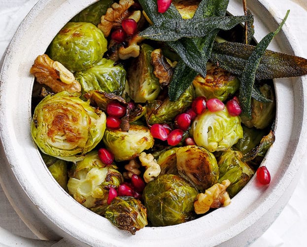 Roast sprouts with walnuts and pomegranates