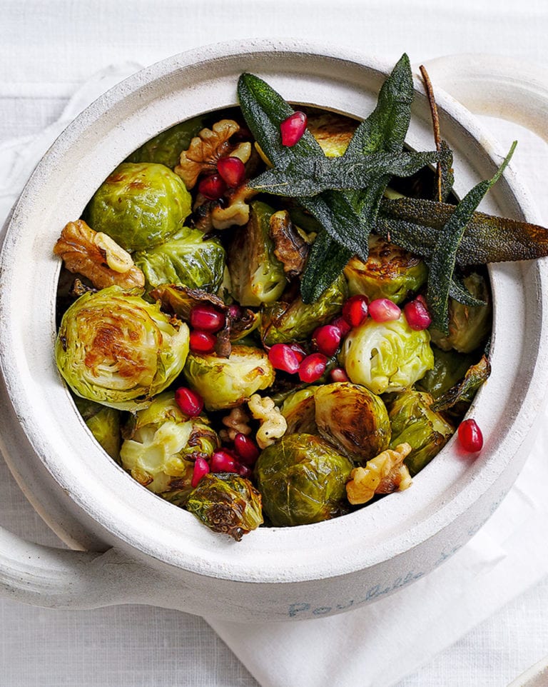 Roast sprouts with walnuts and pomegranates