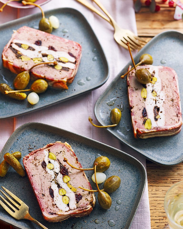Chicken and pork terrine with whisky, cranberries and pistachios