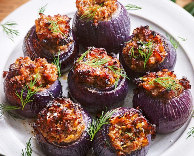 Pork, fennel, apple and sage stuffed onions