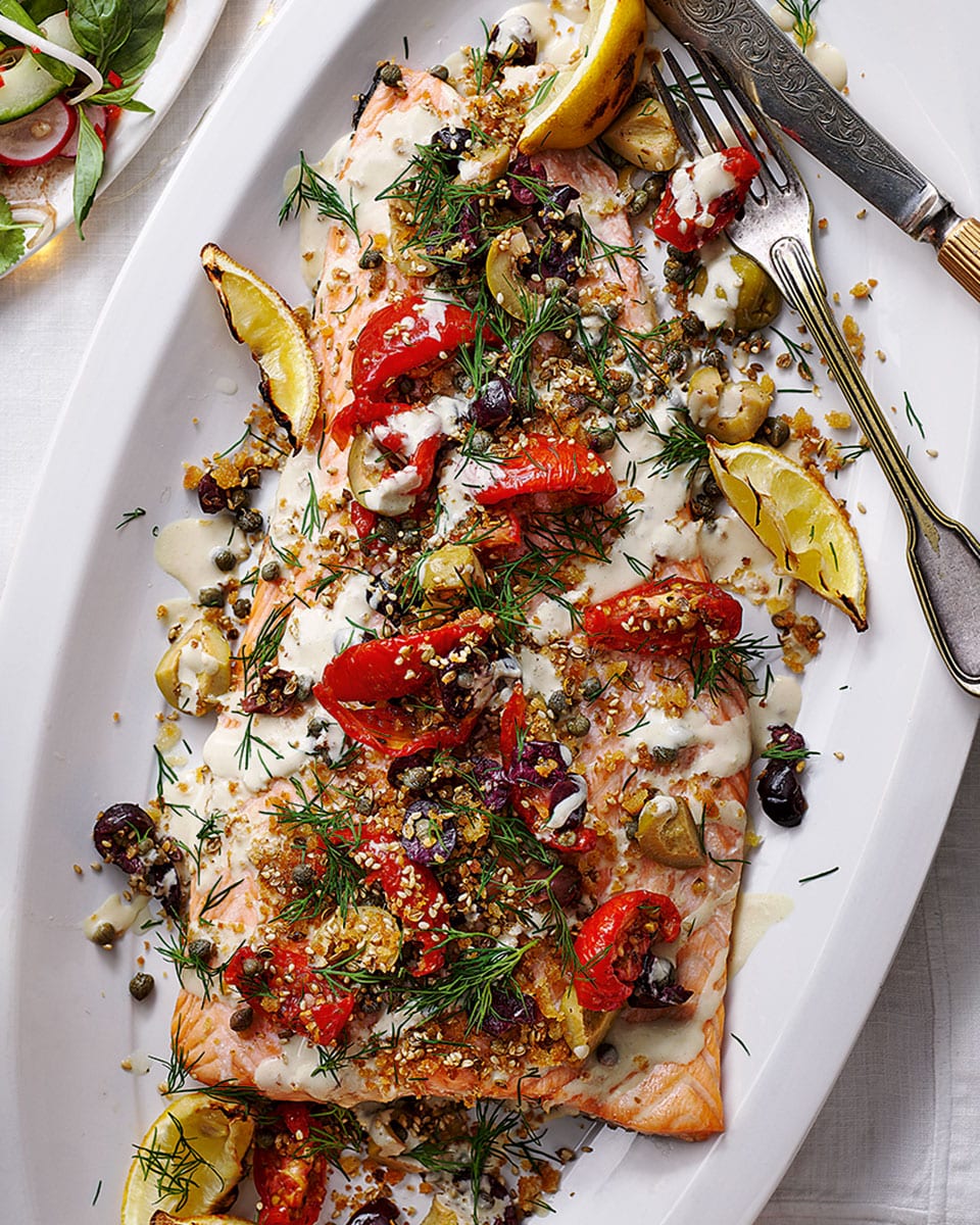 Fillet of salmon with sunblush tomatoes and tarator sauce recipe