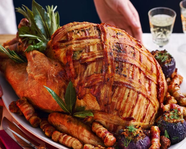 Bacon-wrapped turkey with mustard and tarragon butter