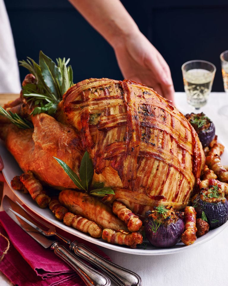 Bacon-wrapped turkey with mustard and tarragon butter