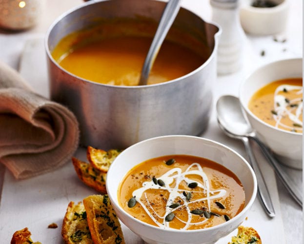 Sweet potato soup with garlic croûtes