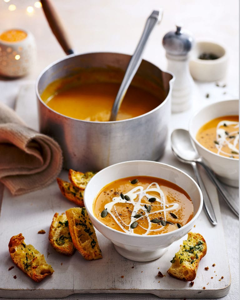 Sweet potato soup with garlic croûtes