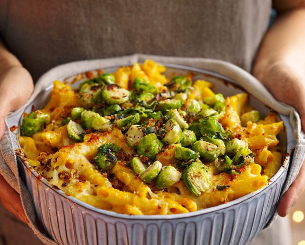 Pumpkin and brussels sprouts pasta bake