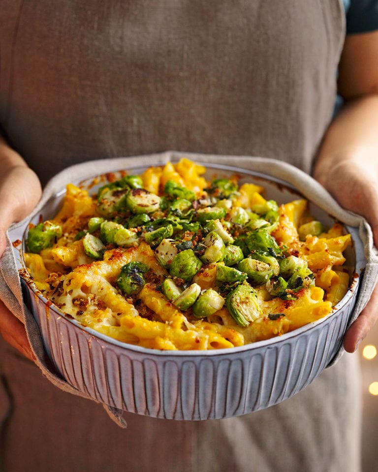 Pumpkin and brussels sprouts pasta bake