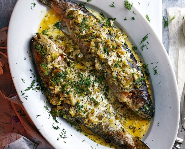 Trout with crème fraîche and brined gherkins
