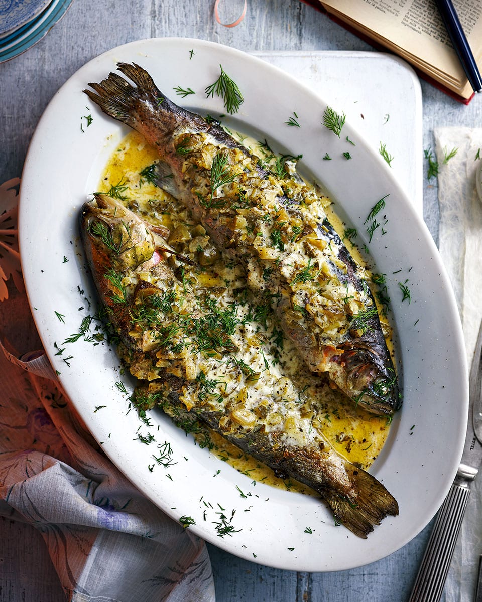 Trout with crème fraîche and brined gherkins recipe | delicious. Magazine