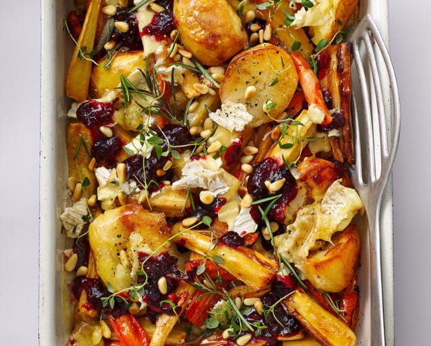 Leftover Christmas veggie traybake with cranberry and brie