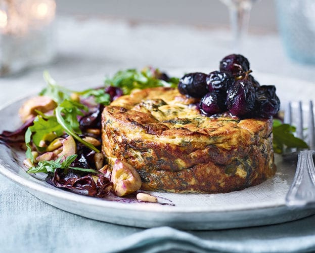 Sformato with roast grapes, radicchio and olives