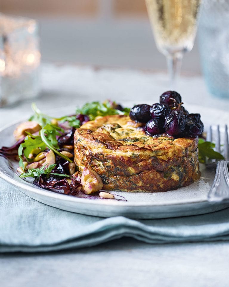 Sformato with roast grapes, radicchio and olives