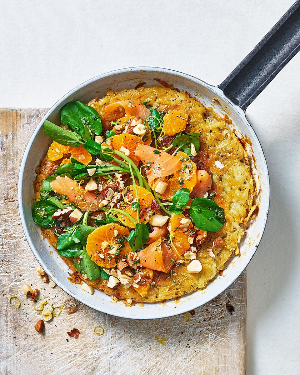 Smoked salmon rösti with clementine salad recipe | delicious. Magazine