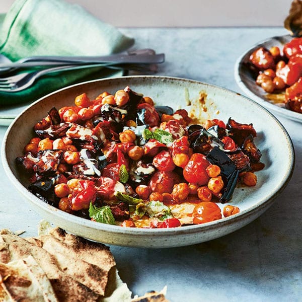 Aubergine, tomato and chickpea traybake