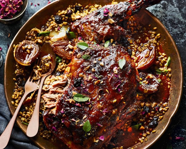 Moroccan-spiced lamb shoulder with onions and freekeh