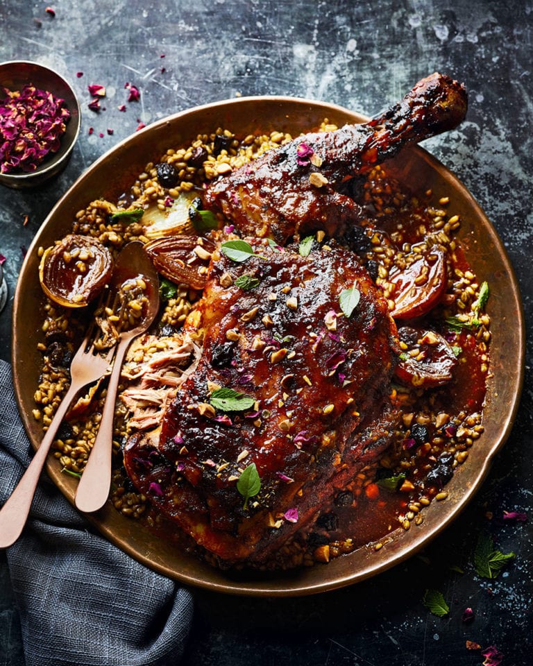 Moroccan-spiced lamb shoulder with onions and freekeh
