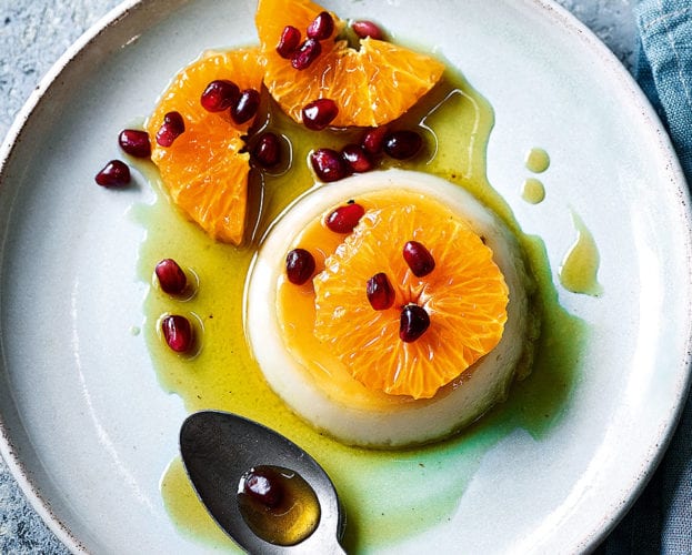 Crème caramels with caramel oranges