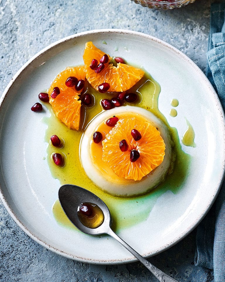 Crème caramels with caramel oranges