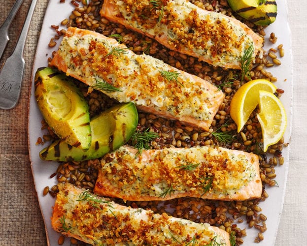 Herby crème fraîche salmon with grilled avocado