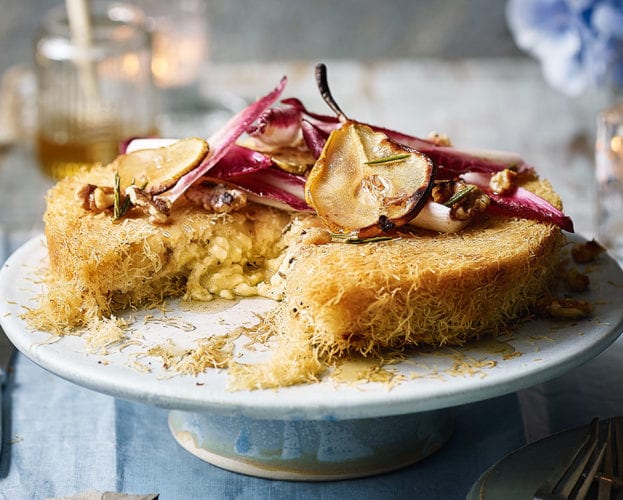 Fondue cheese kataifi pie with pear and walnuts