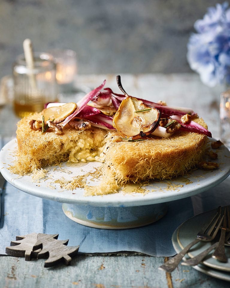 Fondue cheese kataifi pie with pear and walnuts