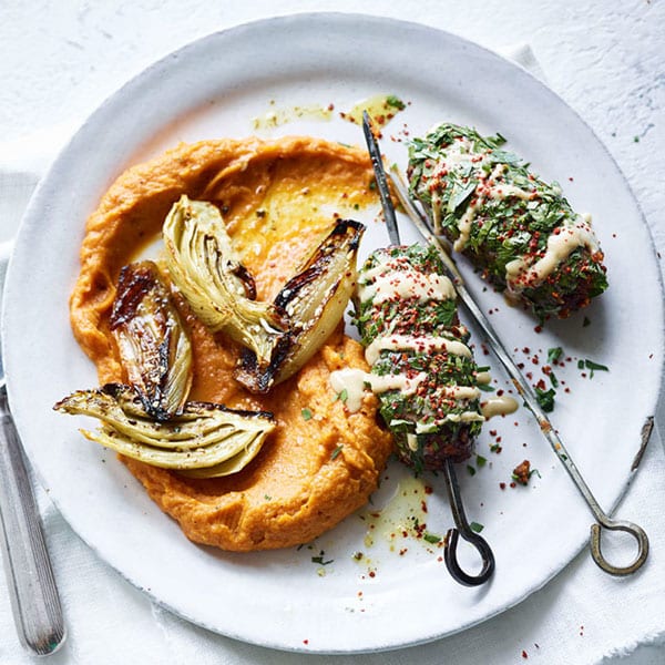 Vegan Turkish kebabs with chilli sweet potato mash and roasted veg