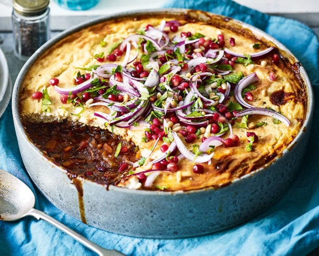 Mushroom and lentil bake with tahini crust