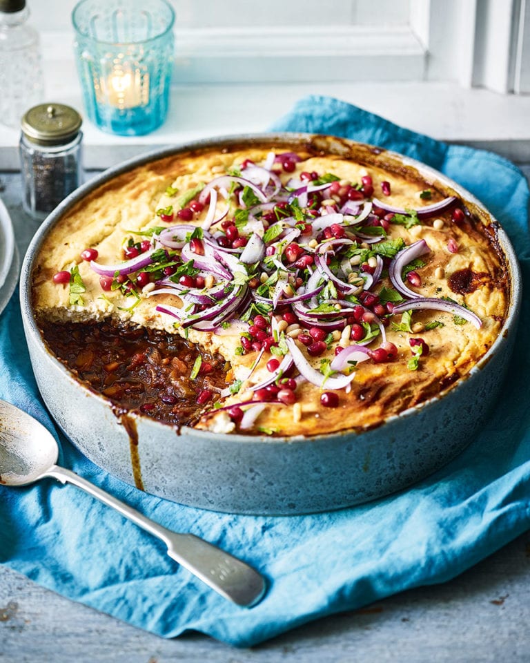 Mushroom and lentil bake with tahini crust