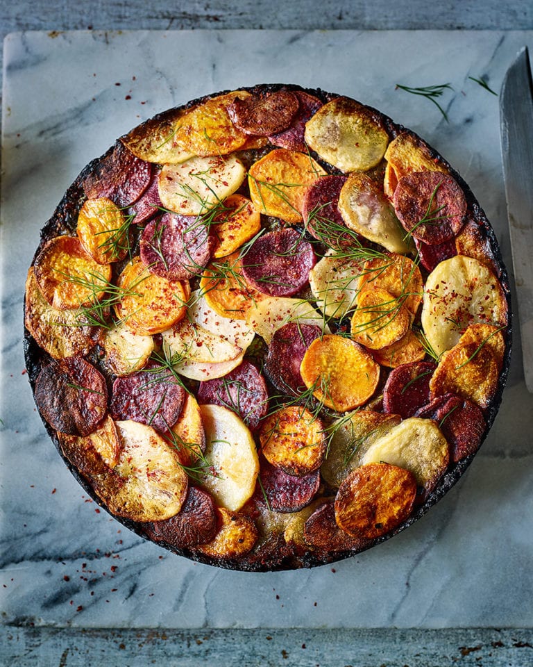 Middle Eastern-spiced nut roast with three-potato topping