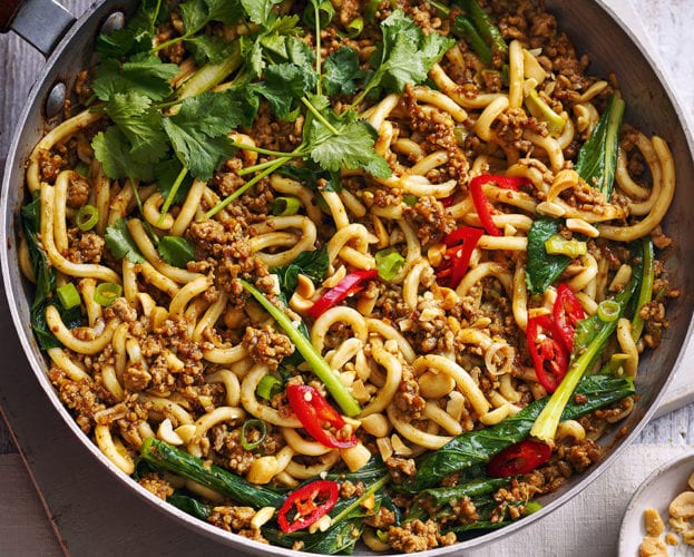 Black bean pork noodles with coriander and peanuts