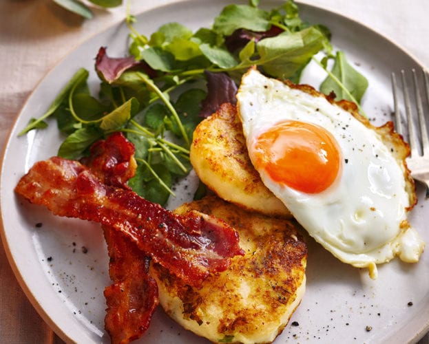 Potato champ cakes with crispy bacon and fried eggs