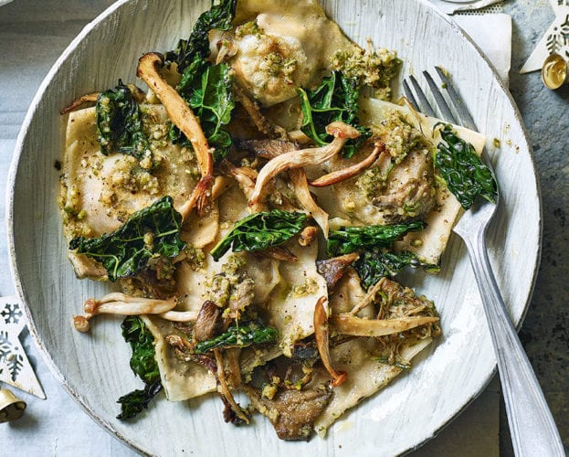 Squash ravioli with mushrooms and sage pesto