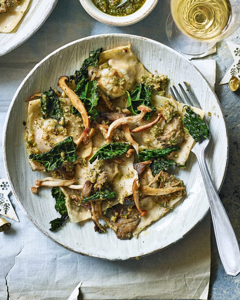 Squash ravioli with mushrooms and sage pesto