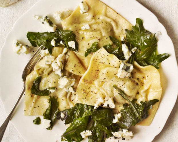 Celeriac and sage ravioli with kale and blue cheese