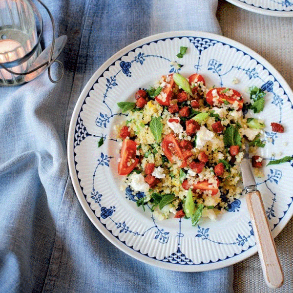 feta and mint tabbouleh with crispy chorizo