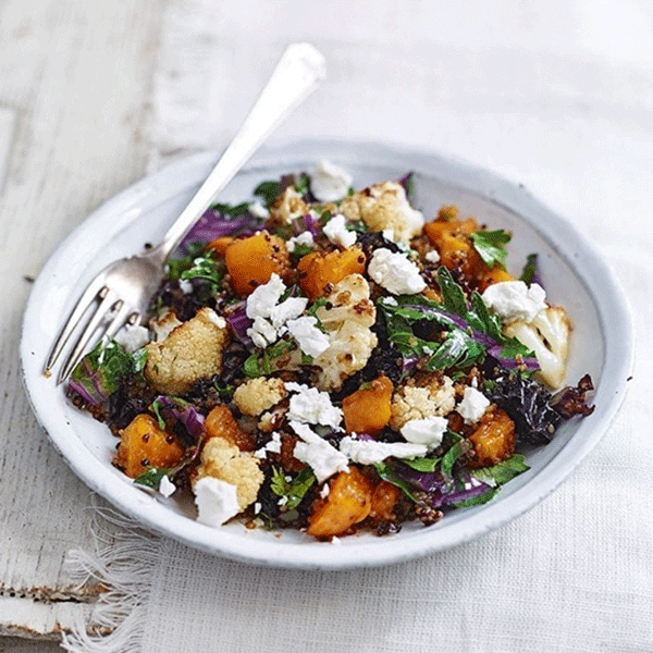 Easy warm roast cauliflower, sweet potato and quinoa salad