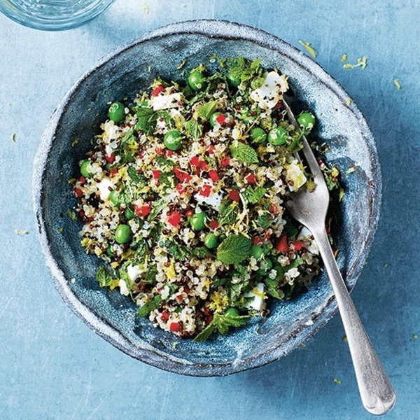 Quinoa, feta, pea and mint salad with lemon and chilli